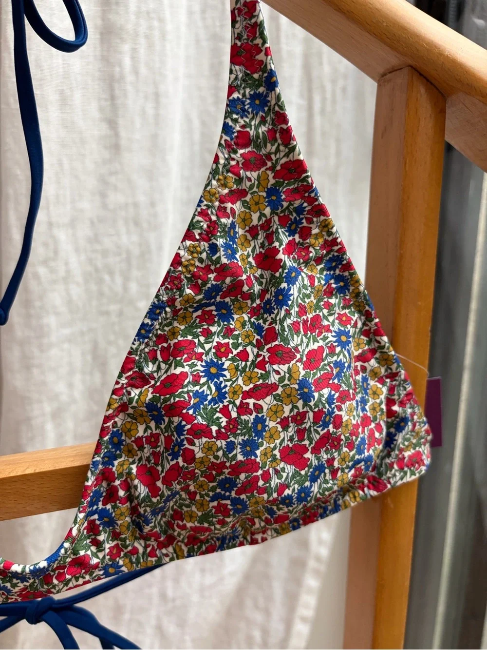 J. Crew x Liberty London Red Floral Triangle Bikini Top with Navy Ties